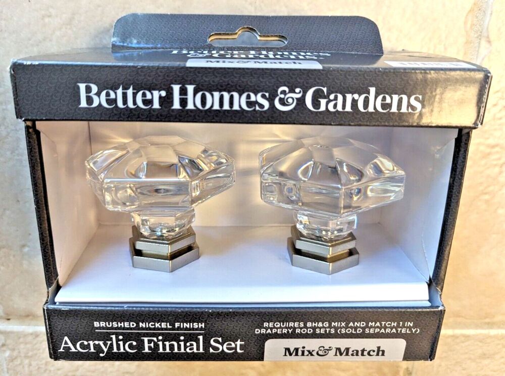 Better Homes and Gardens Drapery Curtain Rod Acrylic Finial 2-pc Brushed Nickel